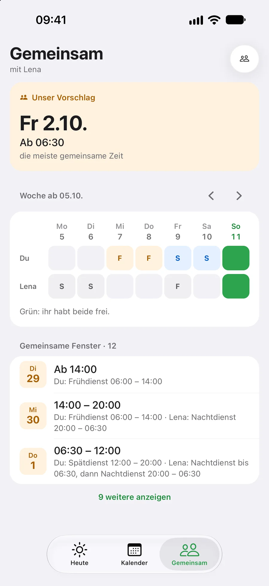 Gemeinsam: unser Vorschlag, die Woche im Vergleich und die gemeinsamen Fenster