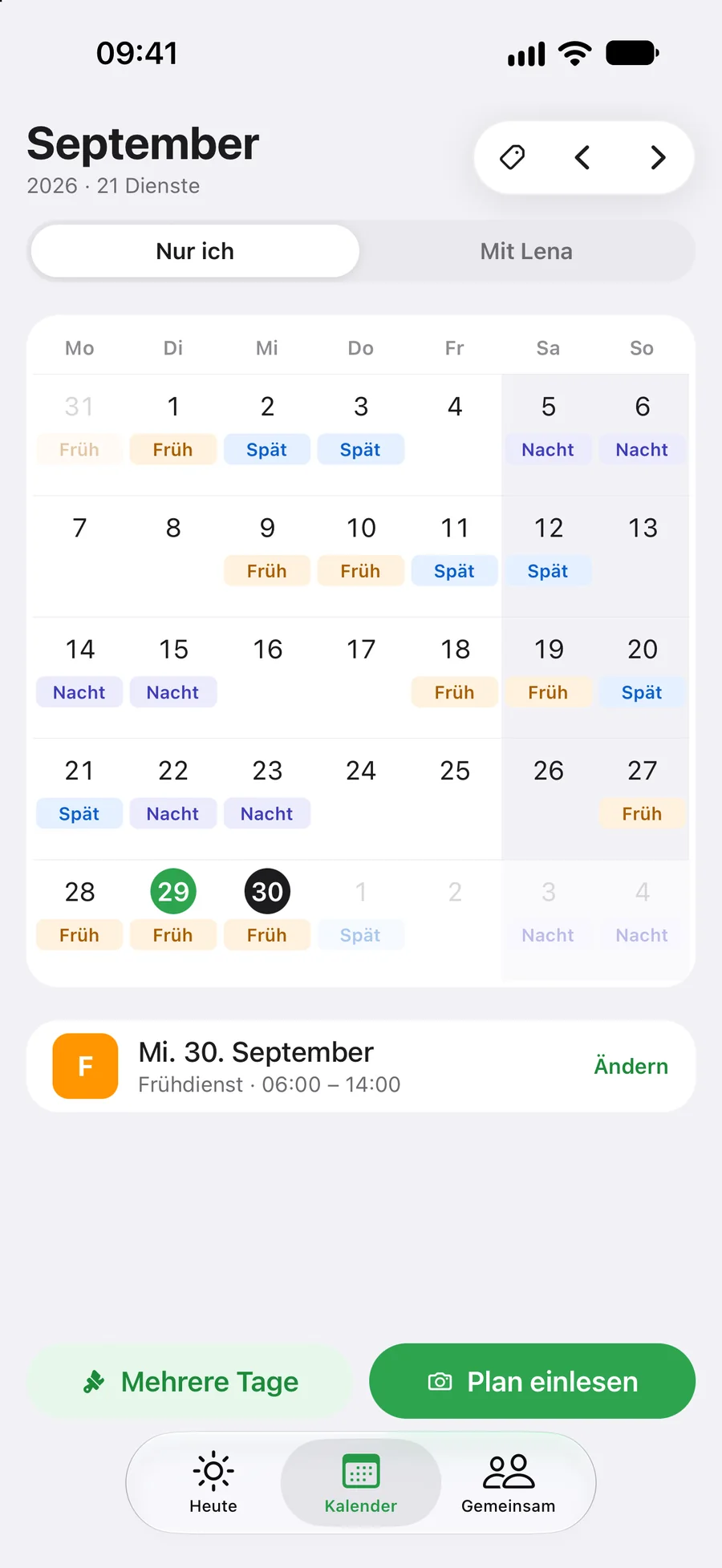 Der Monatskalender: Früh, Spät und Nacht als farbige Balken