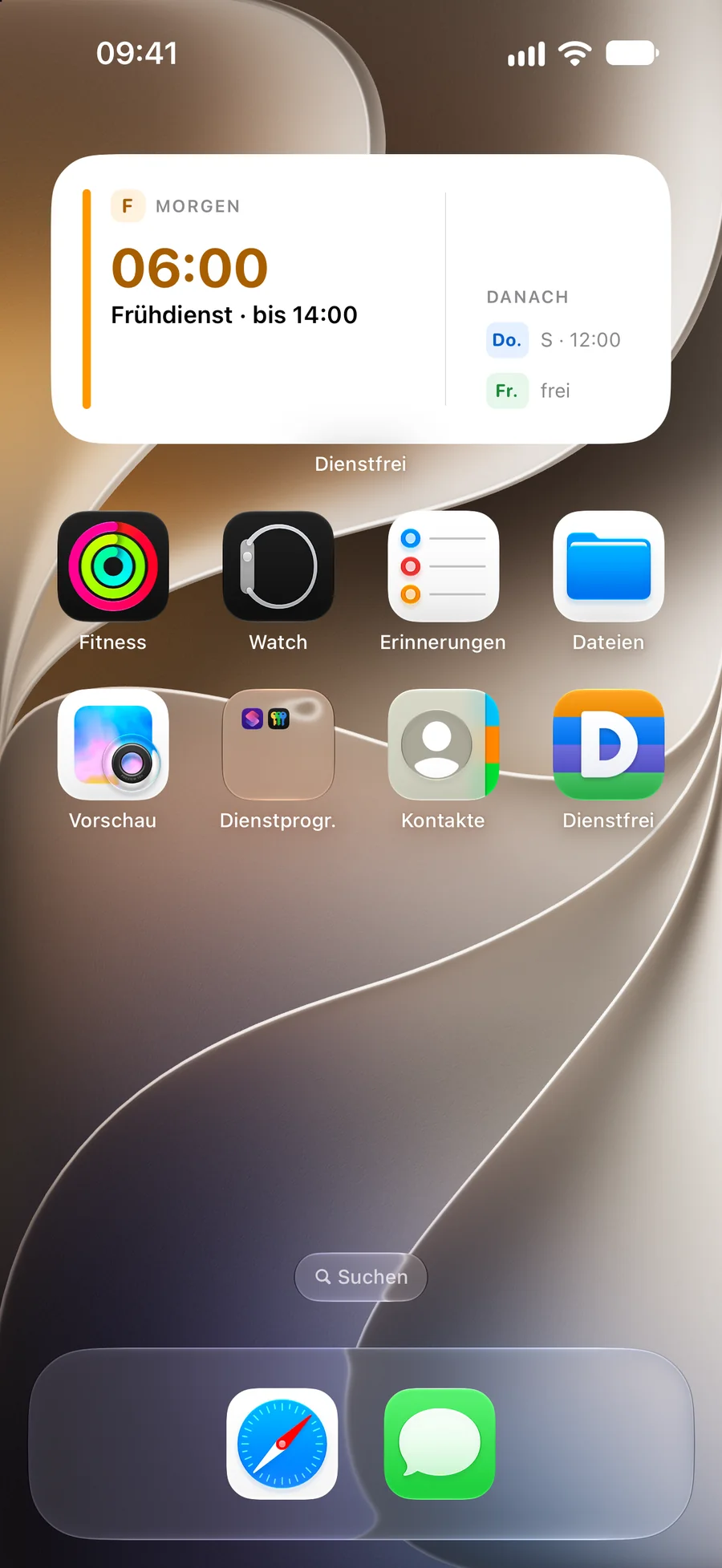 Der Homescreen mit dem Dienstfrei-Widget: morgen Frühdienst um 06:00