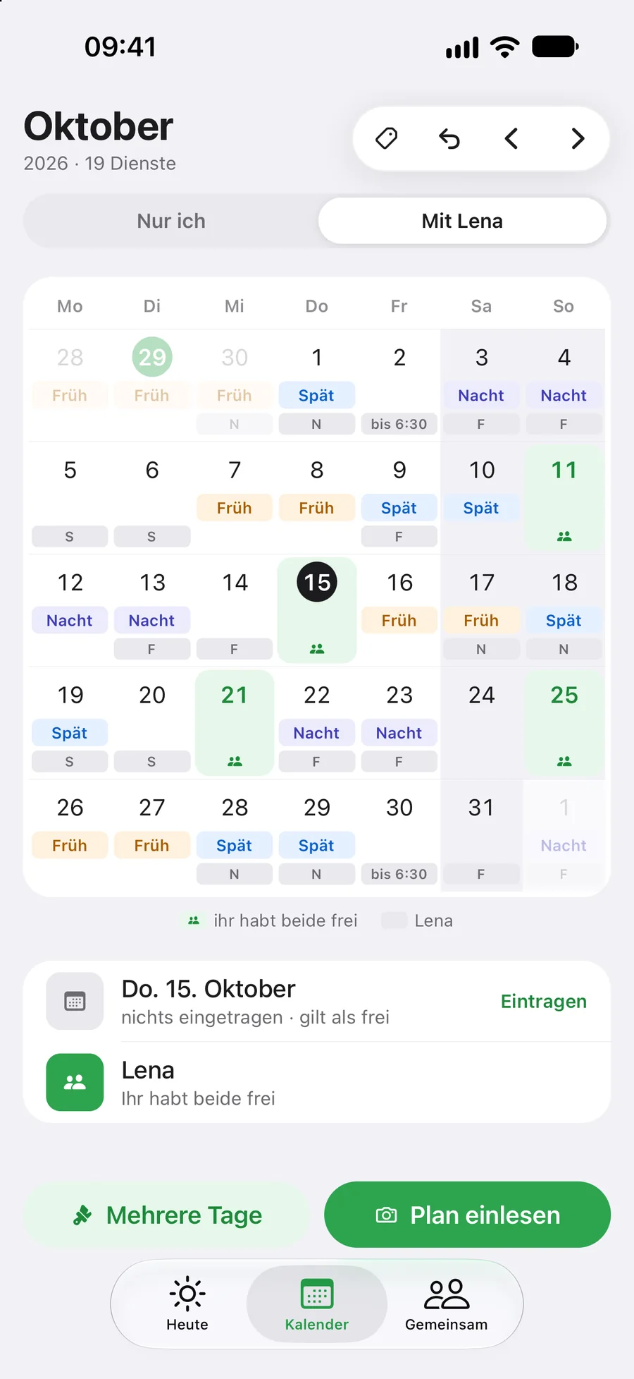 Der Kalender mit Lena: ihre Dienste grau unter den eigenen, Tage, an denen beide frei haben, grün hinterlegt